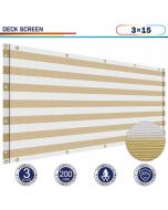 Windscreen4less 3'x15' Beige with White Strips Deck Balcony Privacy Screen for Deck Pool Fence Railings Apartment Balcony Privacy Screen for Patio Yard Porch Chain Link Fence Condo with Zip Ties (3 Year Warranty)-Custom Sizes Available