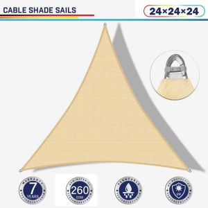 Windscreen4less Steel Wired Sand Triangle 24ft x 24ft x 24ft A-Ring Reinforcement Heavy Duty Strengthen Durable(260GSM)-Galvanized Cable Enhanced Large Sun Shade Sail - 7 Year Warranty