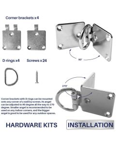 Real Scene Effect of Sun Shade Sail Hardware Kit 4 Pcs Flexible Corner Bracket with D Ring Pad Eyes for Wood Concrete Wall Mounting