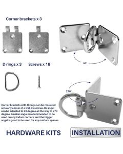 Real Scene Effect of Sun Shade Sail Hardware Kit 3 Pcs Flexible Corner Bracket with D Ring Pad Eyes for Wood Concrete Wall Mounting