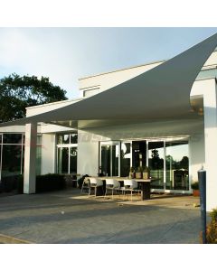 Real Scene Effect of Windscreen4less 10ft x 10ft x 10ft Triangle Curve Edge Sun Shade Sail Canopy in Color Light Gray for Outdoor Patio Backyard UV Block Awning with Steel D-Rings 180GSM (3 Year Warranty) - Customized Sizes Available