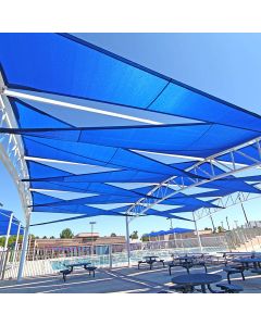Real Scene Effect of Windscreen4less 16ft x 16ft x 23ft Right Triangle Curve Edge Sun Shade Sail Canopy in Color Blue for Outdoor Patio Backyard UV Block Awning with Steel D-Rings 180GSM (3 Year Warranty) - Customized Sizes Available