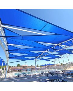 Real Scene Effect of Windscreen4less 16ft x 16ft x 16ft Triangle Curve Edge Sun Shade Sail Canopy in Color Blue for Outdoor Patio Backyard UV Block Awning with Steel D-Rings 180GSM (3 Year Warranty) - Customized Sizes Available