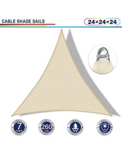 Windscreen4less Steel Wired Beige Triangle 24ft x 24ft x 24ft A-Ring Reinforcement Heavy Duty Strengthen Durable(260GSM)-Galvanized Cable Enhanced Large Sun Shade Sail - 7 Year Warranty