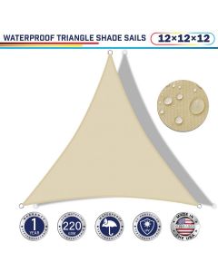Windscreen4less Terylene Waterproof 12ft x 12ft x 12ft Triangle Curve Edge Sun Shade Sail Canopy in Color Beige for Outdoor Patio Backyard UV Block Awning with Steel D-Rings 220GSM (1 Year Warranty)