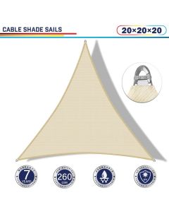 Windscreen4less Steel Wired Beige Triangle 20ft x 20ft x 20ft A-Ring Reinforcement Heavy Duty Strengthen Durable(260GSM)-Galvanized Cable Enhanced Large Sun Shade Sail - 7 Year Warranty