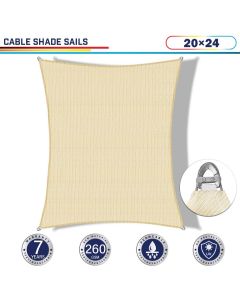 Windscreen4less Steel Wired Beige Rectangle 20ft x 24ft A-Ring Reinforcement Heavy Duty Strengthen Durable(260GSM)-Galvanized Cable Enhanced Large Sun Shade Sail - 7 Year Warranty