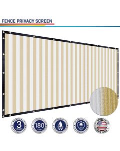 Windscreen4less Custom Size 1-16ft x 1-300ft Heavy Duty Privacy Fence Screen in Color Beige with White Strips with Brass Grommet 90% Blockage Windscreen Outdoor Mesh Fencing Cover Netting 180GSM Fabric w/3-Year Warranty