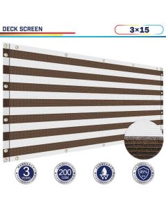 Windscreen4less 3'x15' Brown with White Strips Deck Balcony Privacy Screen for Deck Pool Fence Railings Apartment Balcony Privacy Screen for Patio Yard Porch Chain Link Fence Condo with Zip Ties (3 Year Warranty)-Custom Sizes Available