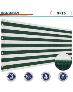 Windscreen4less 3ft x 15ft Heavy Duty Privacy Deck Screen in Color Green with White Strips with Brass Grommet 90% Blockage Windscreen Outdoor Mesh Fencing Cover Netting 160GSM Fabric (3 Year Warranty)-Custom Sizes Available