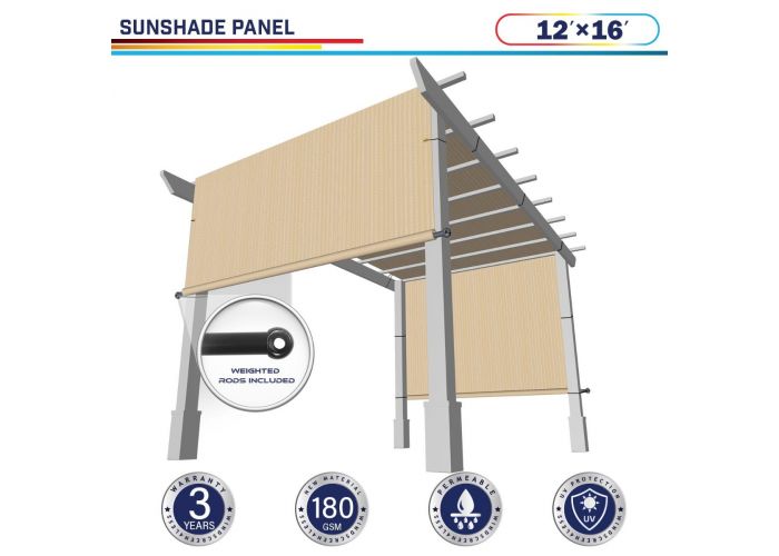 Windscreen4less Beige 12ft. W x 16ft. H Outdoor Sun Shade Panel Universal  Pergola Replacement Cover Canopy with Grommets Weight Rods Sun Block Cover 