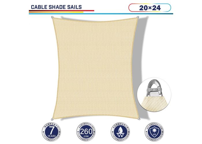 Windscreen4less Steel Wired Beige Rectangle 20ft x 24ft A-Ring Reinforcement Heavy Duty Strengthen Durable(260GSM)-Galvanized Cable Enhanced Large Sun Shade Sail - 7 Year Warranty