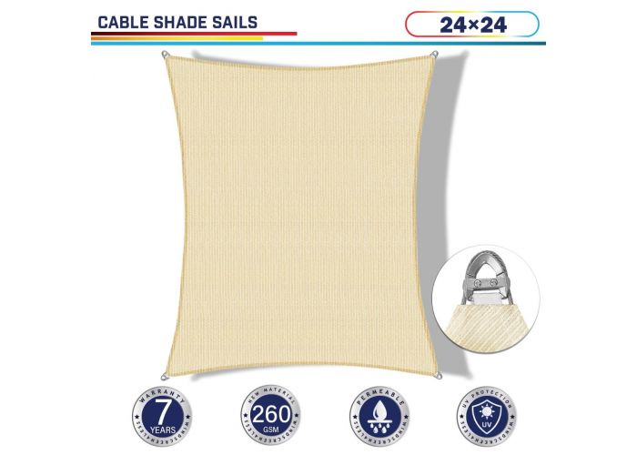 Windscreen4less Steel Wired Beige Rectangle 24ft x 24ft A-Ring  Reinforcement Heavy Duty Strengthen Durable(260GSM)-Galvanized Cable  Enhanced Large Sun 