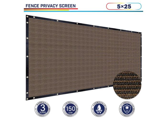 Windscreen4less 5ft x 25ft Heavy Duty Privacy Fence Screen in Color Brown with Brass Grommet 88% Blockage Windscreen Outdoor Mesh Fencing Cover Netting 150GSM Fabric (3 Year Warranty)-Custom Sizes Available