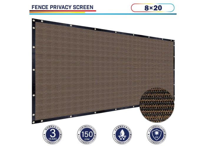 Windscreen4less 8ft x 20ft Heavy Duty Privacy Fence Screen in Color Brown with Brass Grommet 88% Blockage Windscreen Outdoor Mesh Fencing Cover Netting 150GSM Fabric (3 Year Warranty)-Custom Sizes Available