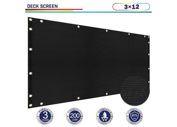 Windscreen4less 3ft x 12ft Black Deck Balcony Privacy Screen for Deck Pool Fence Railings Apartment Balcony Privacy Screen for Patio Yard Porch Chain Link Fence Condo with Zip Ties (3 Year Warranty)-Custom Sizes Available