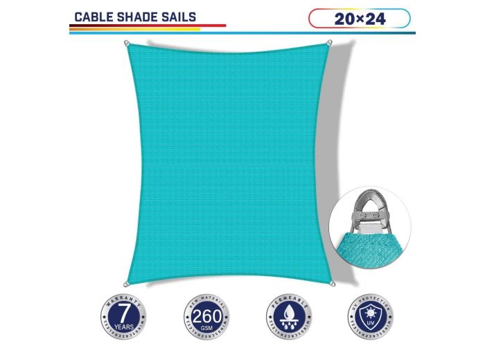 Windscreen4less Steel Wired Turquoise Green Rectangle 20ft x 24ft A-Ring Reinforcement Heavy Duty Strengthen Durable(260GSM)-Galvanized Cable Enhanced Large Sun Shade Sail - 7 Year Warranty