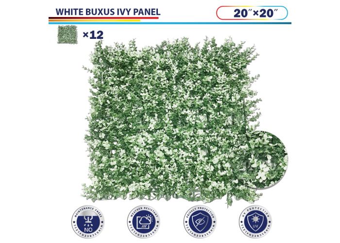 Windscreen4less 20"x20" White Buxus Panel Artificial Boxwood Hedge Topiary Plant Grass Backdrop Wall for Privacy Fence Garden Backyard Screen Outdoor Wedding Décor 12 pcs